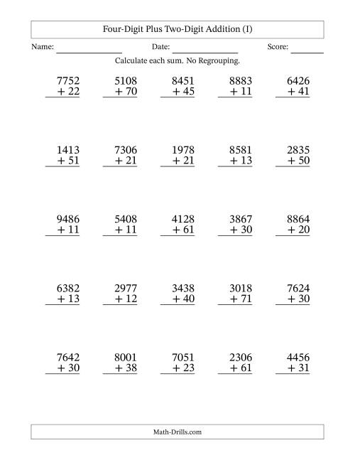 The 4-Digit Plus 2-Digit Addition with NO Regrouping (I) Math Worksheet