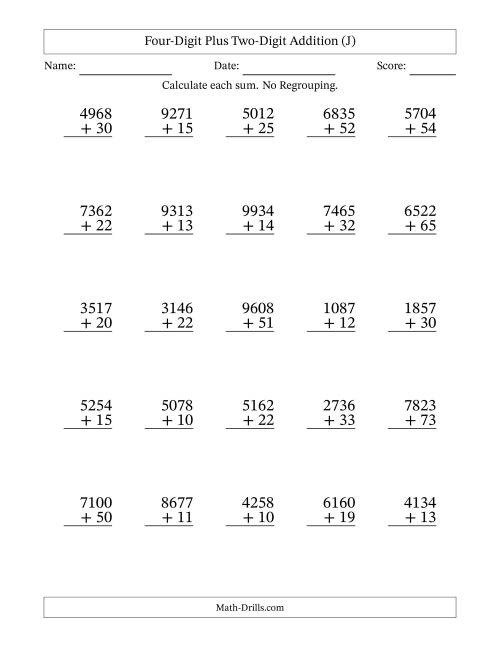 The 4-Digit Plus 2-Digit Addition with NO Regrouping (J) Math Worksheet