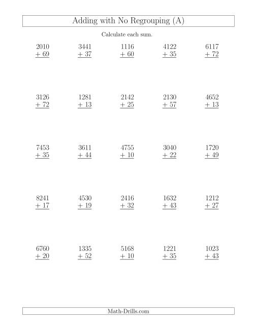 The Adding 4-Digit and 2-Digit Numbers with No Regrouping (Old) Math Worksheet