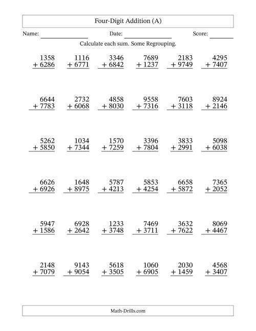 The Four-Digit Addition With Some Regrouping – 36 Questions (A) Math Worksheet