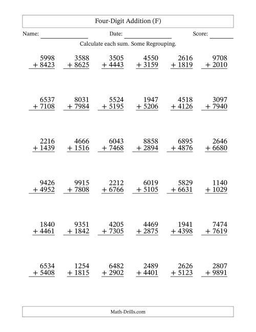 The Four-Digit Addition With Some Regrouping – 36 Questions (F) Math Worksheet