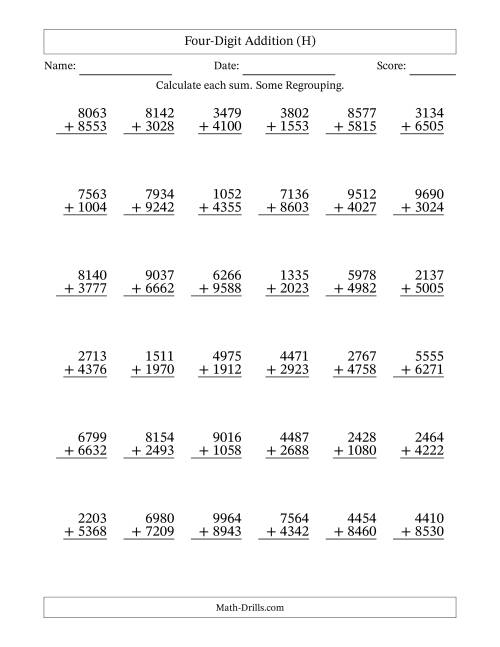 The Four-Digit Addition With Some Regrouping – 36 Questions (H) Math Worksheet