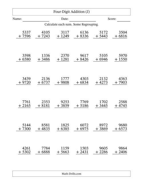 The Four-Digit Addition With Some Regrouping – 36 Questions (J) Math Worksheet