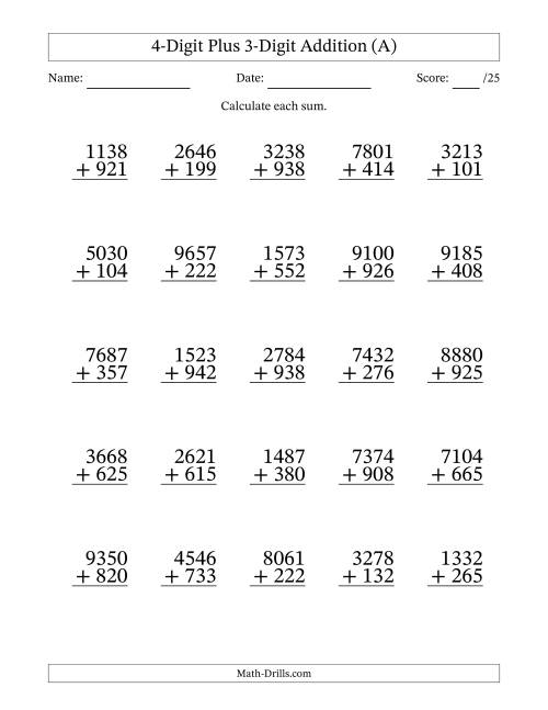 The 4-Digit Plus 3-Digit Addition With Some Regrouping (25 Questions) (A) Math Worksheet