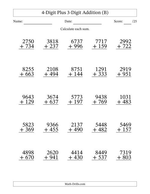 The 4-Digit Plus 3-Digit Addition With Some Regrouping (25 Questions) (B) Math Worksheet