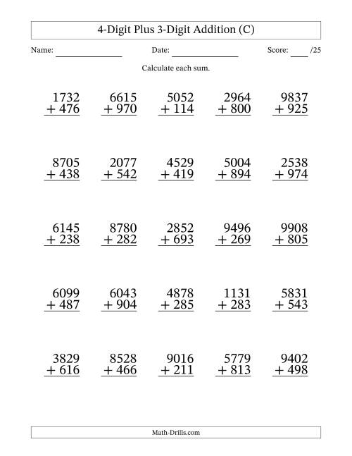The 4-Digit Plus 3-Digit Addition With Some Regrouping (25 Questions) (C) Math Worksheet