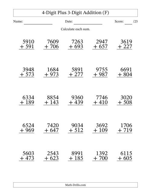 The 4-Digit Plus 3-Digit Addition With Some Regrouping (25 Questions) (F) Math Worksheet