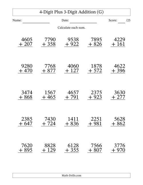 The 4-Digit Plus 3-Digit Addition With Some Regrouping (25 Questions) (G) Math Worksheet