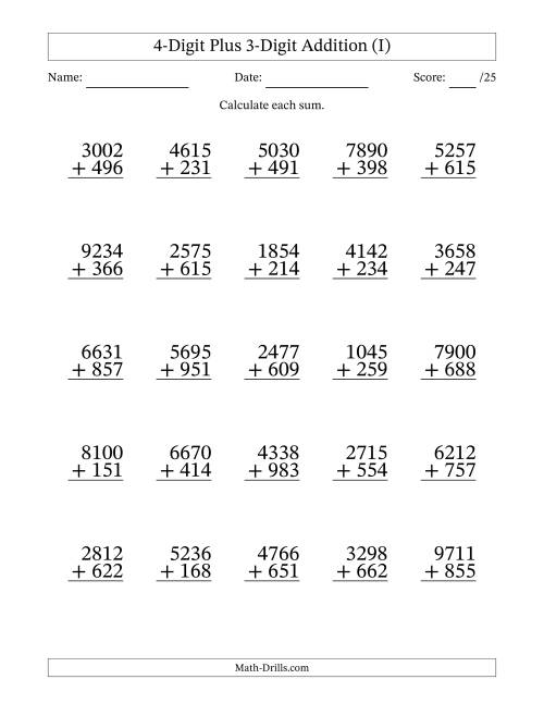 The 4-Digit Plus 3-Digit Addition With Some Regrouping (25 Questions) (I) Math Worksheet