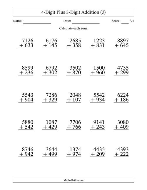 The 4-Digit Plus 3-Digit Addition With Some Regrouping (25 Questions) (J) Math Worksheet