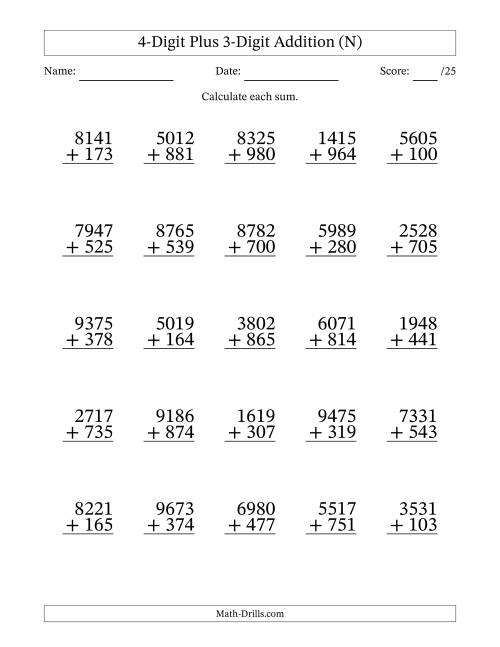 The 4-Digit Plus 3-Digit Addition With Some Regrouping (25 Questions) (N) Math Worksheet