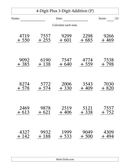 The 4-Digit Plus 3-Digit Addition With Some Regrouping (25 Questions) (P) Math Worksheet