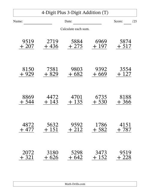 The 4-Digit Plus 3-Digit Addition With Some Regrouping (25 Questions) (T) Math Worksheet
