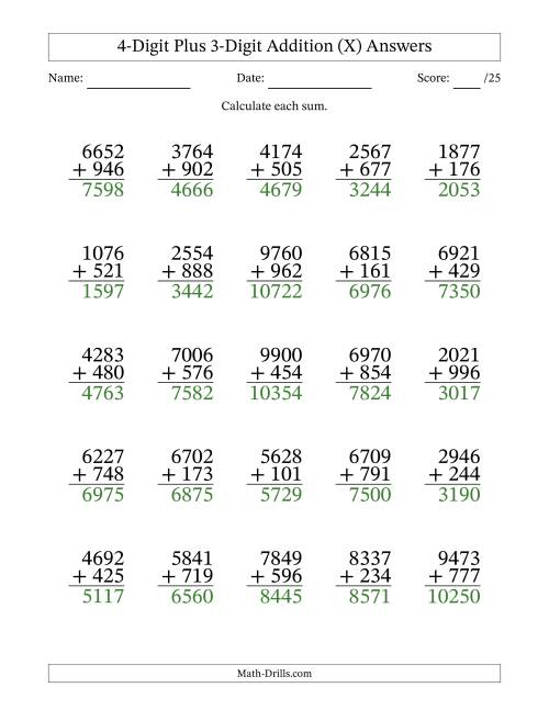 The 4-Digit Plus 3-Digit Addition With Some Regrouping (25 Questions) (X) Math Worksheet Page 2