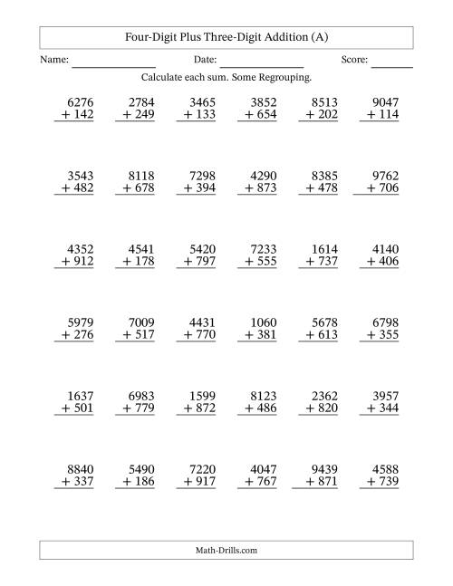 The Four-Digit Plus Three-Digit Addition With Some Regrouping – 36 Questions (A) Math Worksheet