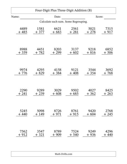 The Four-Digit Plus Three-Digit Addition With Some Regrouping – 36 Questions (B) Math Worksheet