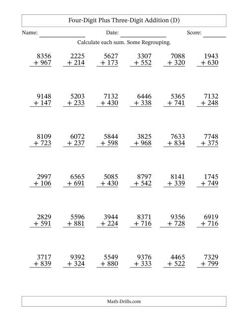 The Four-Digit Plus Three-Digit Addition With Some Regrouping – 36 Questions (D) Math Worksheet
