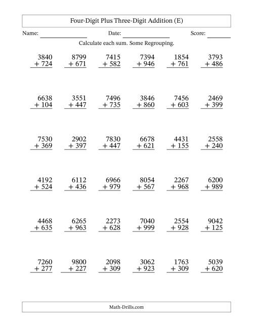 The Four-Digit Plus Three-Digit Addition With Some Regrouping – 36 Questions (E) Math Worksheet
