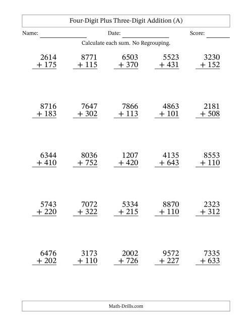 The 4-Digit Plus 3-Digit Addition with NO Regrouping (A) Math Worksheet