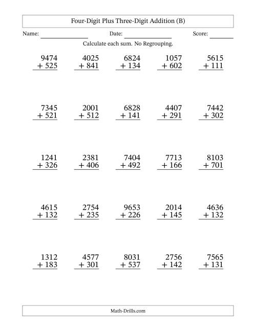 The 4-Digit Plus 3-Digit Addition with NO Regrouping (B) Math Worksheet