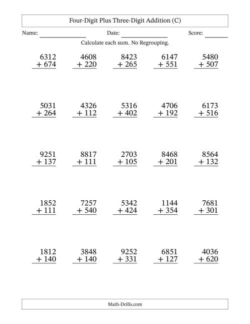 The Four-Digit Plus Three-Digit Addition With No Regrouping – 25 Questions (C) Math Worksheet