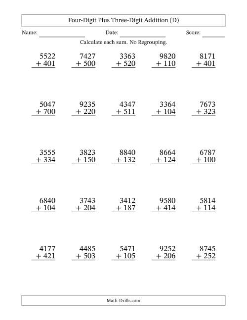 The Four-Digit Plus Three-Digit Addition With No Regrouping – 25 Questions (D) Math Worksheet