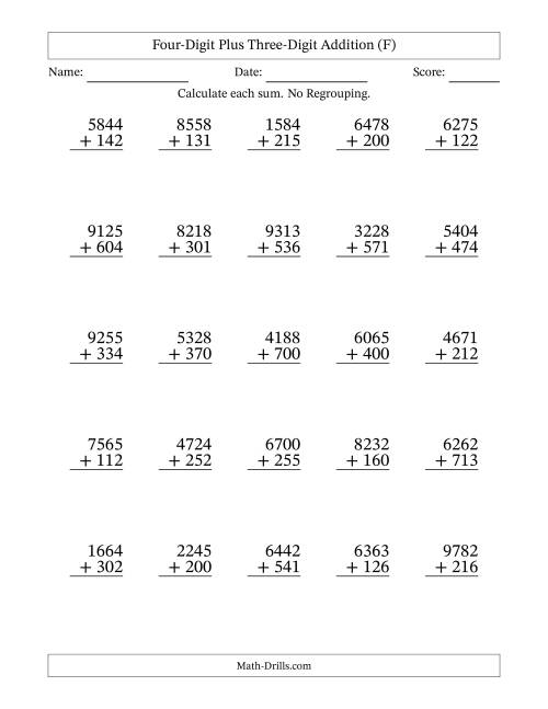 The Four-Digit Plus Three-Digit Addition With No Regrouping – 25 Questions (F) Math Worksheet