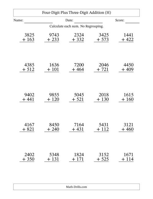 The Four-Digit Plus Three-Digit Addition With No Regrouping – 25 Questions (H) Math Worksheet