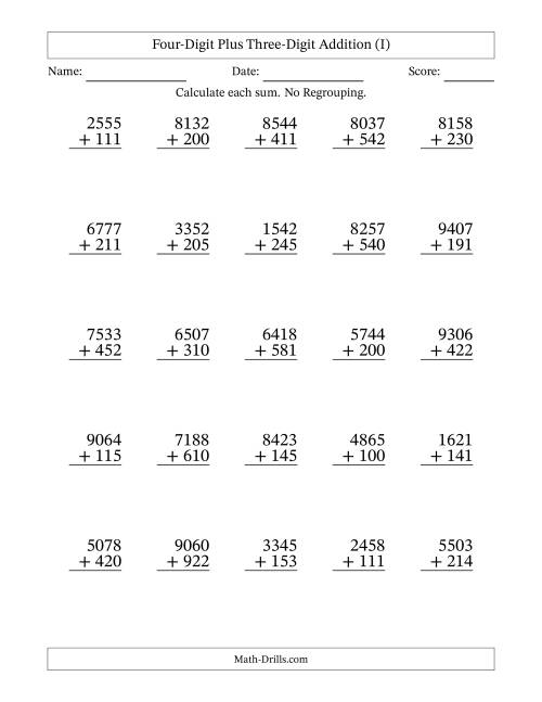 The 4-Digit Plus 3-Digit Addition with NO Regrouping (I) Math Worksheet
