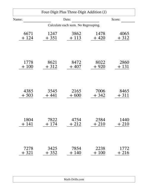 The 4-Digit Plus 3-Digit Addition with NO Regrouping (J) Math Worksheet