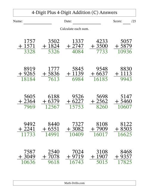 The 4-Digit Plus 4-Digit Addition With Some Regrouping (25 Questions) (C) Math Worksheet Page 2