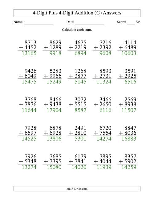 The 4-Digit Plus 4-Digit Addition With Some Regrouping (25 Questions) (G) Math Worksheet Page 2