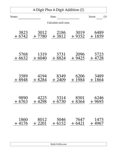 The 4-Digit Plus 4-Digit Addition With Some Regrouping (25 Questions) (I) Math Worksheet