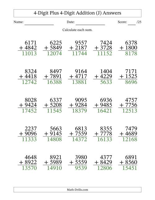 The 4-Digit Plus 4-Digit Addition With Some Regrouping (25 Questions) (J) Math Worksheet Page 2