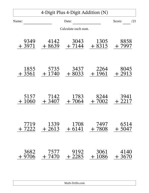 The 4-Digit Plus 4-Digit Addition With Some Regrouping (25 Questions) (N) Math Worksheet