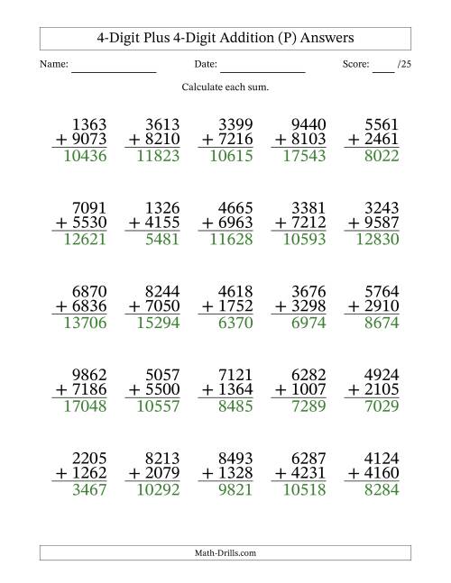 The 4-Digit Plus 4-Digit Addition With Some Regrouping (25 Questions) (P) Math Worksheet Page 2