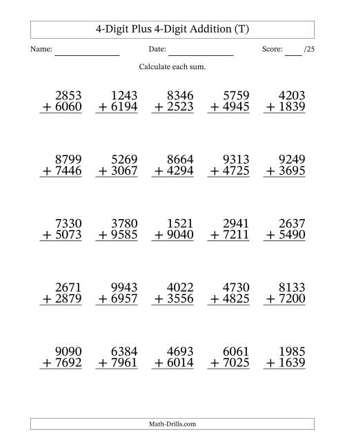The 4-Digit Plus 4-Digit Addition With Some Regrouping (25 Questions) (T) Math Worksheet