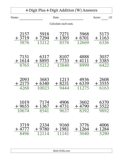 The 4-Digit Plus 4-Digit Addition With Some Regrouping (25 Questions) (W) Math Worksheet Page 2