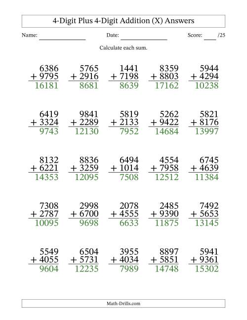 The 4-Digit Plus 4-Digit Addition With Some Regrouping (25 Questions) (X) Math Worksheet Page 2