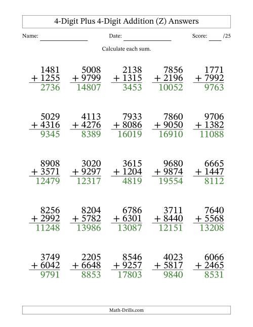 The 4-Digit Plus 4-Digit Addition With Some Regrouping (25 Questions) (Z) Math Worksheet Page 2