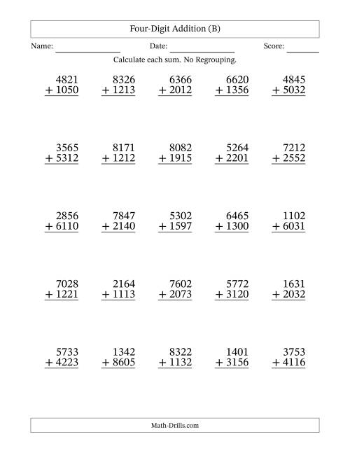 The Four-Digit Addition With No Regrouping – 25 Questions (B) Math Worksheet