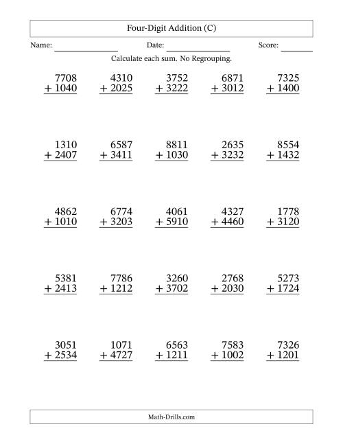 The Four-Digit Addition With No Regrouping – 25 Questions (C) Math Worksheet