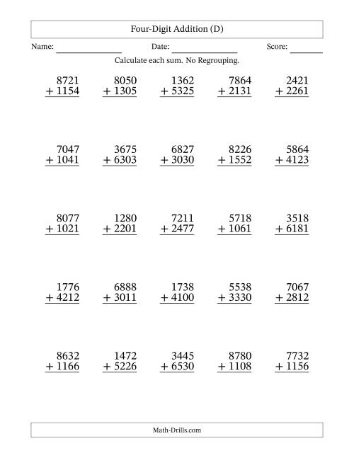 The Four-Digit Addition With No Regrouping – 25 Questions (D) Math Worksheet