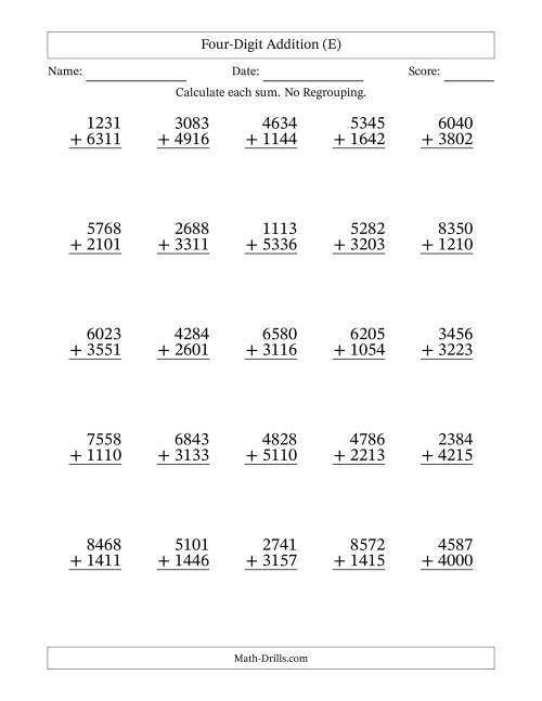 The Four-Digit Addition With No Regrouping – 25 Questions (E) Math Worksheet