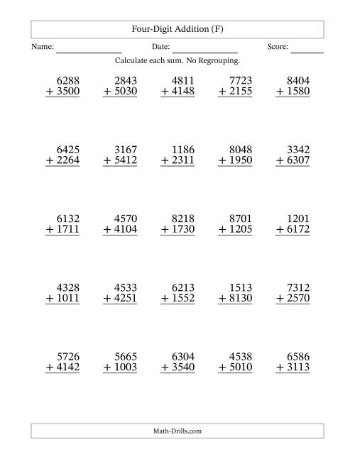 The Four-Digit Addition With No Regrouping – 25 Questions (F) Math Worksheet