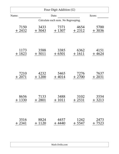 The Four-Digit Addition With No Regrouping – 25 Questions (G) Math Worksheet