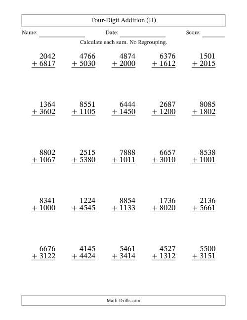 The Four-Digit Addition With No Regrouping – 25 Questions (H) Math Worksheet
