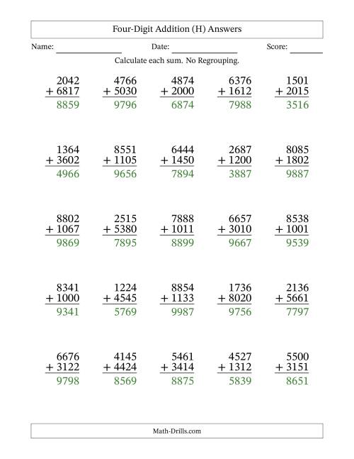 The Four-Digit Addition With No Regrouping – 25 Questions (H) Math Worksheet Page 2