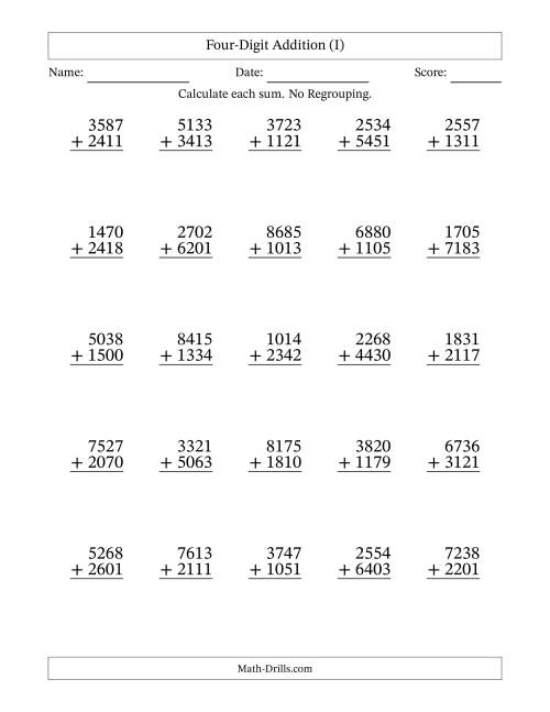 The 4-Digit Plus 4-Digit Addition with NO Regrouping (I) Math Worksheet