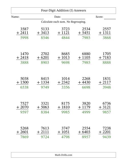The Four-Digit Addition With No Regrouping – 25 Questions (I) Math Worksheet Page 2